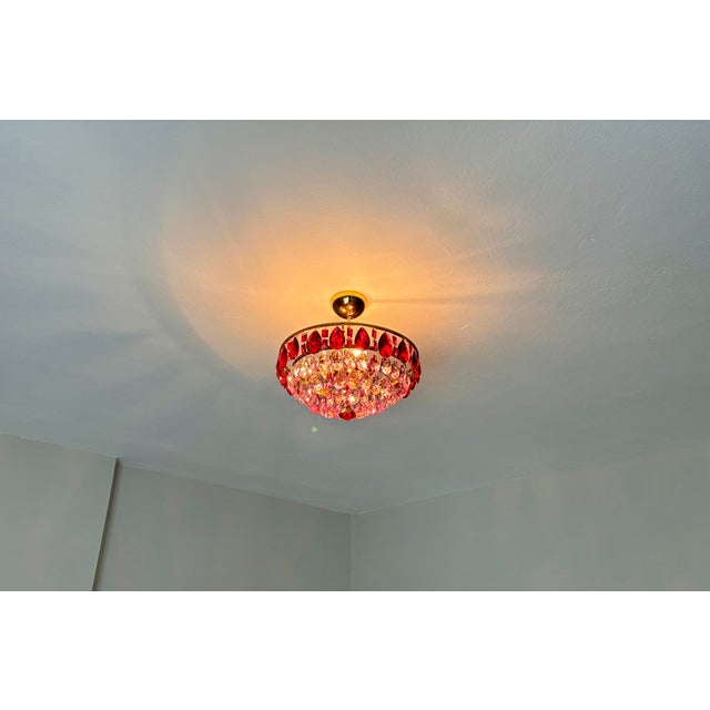 Mid-Century Modern Vintage French Style Crystal Chandelier – Hand-Painted Pink & Ruby Red Prisms For Sale - Image 3 of 18