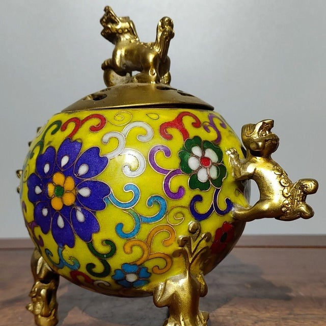 Metal Late 20th Century Gilt Bronze Cloisonné Enamel Tripod Incense Burner With Guardian Lion Finial For Sale - Image 7 of 9