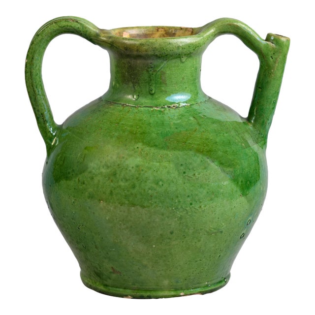 Large French Early 20th Century Green Pot With Spout Handle For Sale