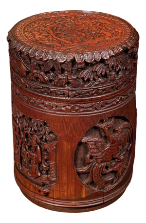 Antique Handmade Spice Pot, Oriental, Carved Bamboo, Treen, Kitchen, Art Deco