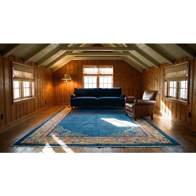 1920s Blue Open Floral Antique Chinese Art Deco Rug 6'9" X 10'8" Wool Knotted Carpet For Sale - Image 13 of 15