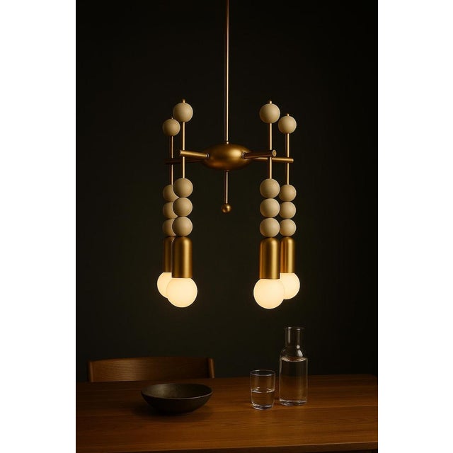 Art Deco Handmade Brass Pendant Light, Marble Accent Ceiling Lamp, Art Deco Mid Century Fixture For Sale - Image 3 of 8