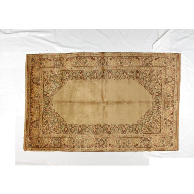 Very fine wool pile hand-woven Turkish Oushak carpet in mint condition. Beige background with a traditional Turkish...