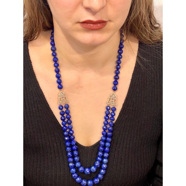 Vintage Lapis Lazuli Double Strand Diamond Necklace 14 Kt Yellow Gold Clasp For Sale - Image 14 of 18