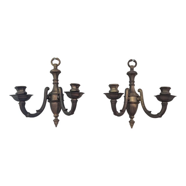 Vintage Pair of Brass Double Arm Wall Candle Scones - a Pair For Sale