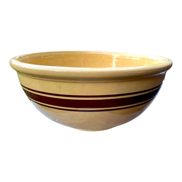 Largest Antique Weller Pottery #16 Yellow Ware Striped Farmhouse Bowl For Sale