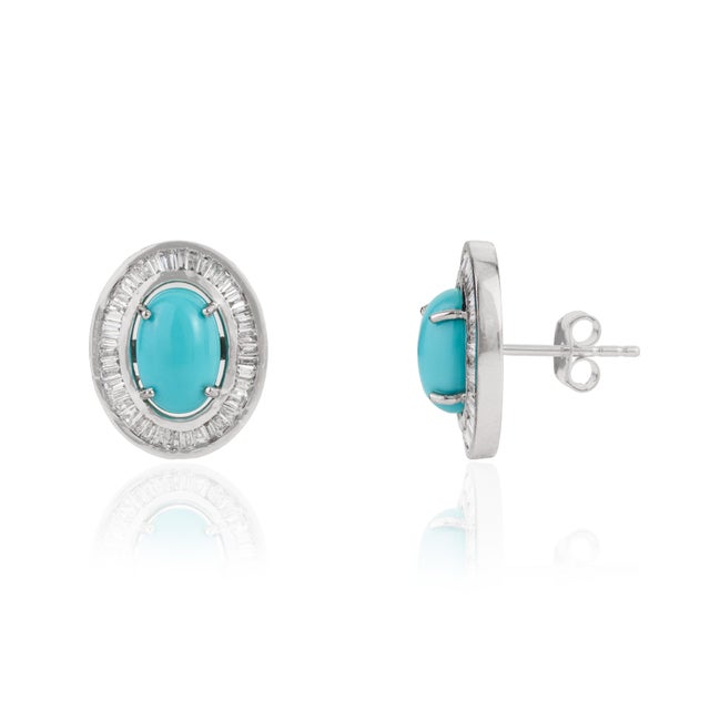 14k White Gold Halo Stud Earrings With 2.52ct Turquoise & Diamonds- A Pair For Sale - Image 4 of 15
