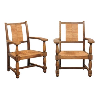 Mid 20th Century Spanish Wood Armchairs W/Rush Seat & Backs For Sale