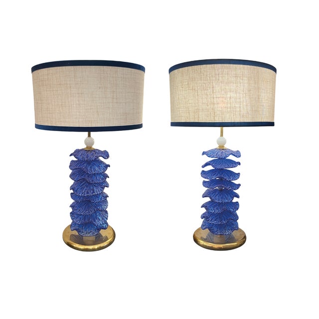 Beige Blue Murano Glass Leaf Table Lamps, 1980s, Set of 2 For Sale - Image 8 of 8