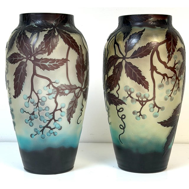 Pair of Stunning French Cameo Glass Vases in the Style of Gallé For Sale - Image 10 of 14