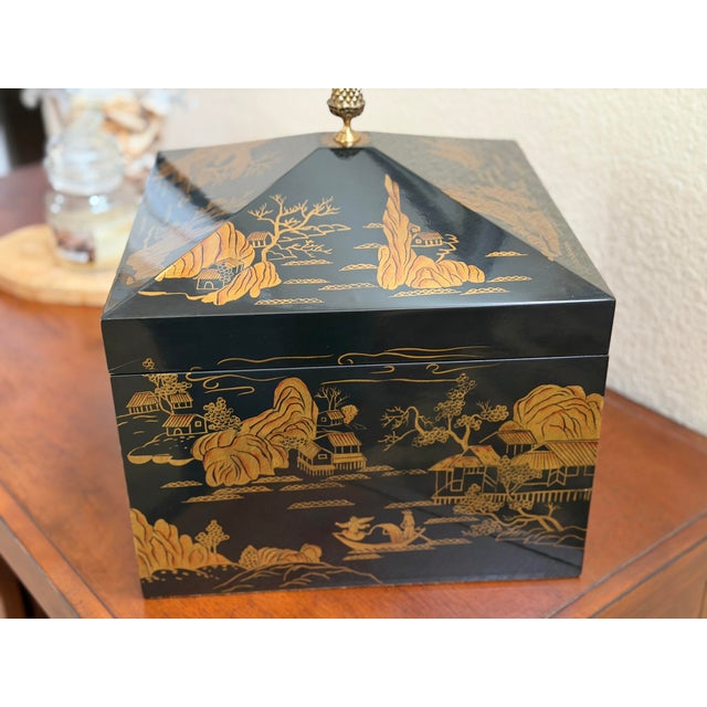 Lacquered hand painted chinoiserie chest by Maitland Smith Beautiful condition!