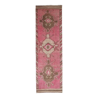 Vintage Turkish Oushak Handmade Wool Cotton Pink Runner Rug For Sale