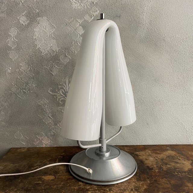 Space Age Table Lamp with Curved Opal Glass Shade and Two Lights attributed to Mazzega For Sale - Image 3 of 12