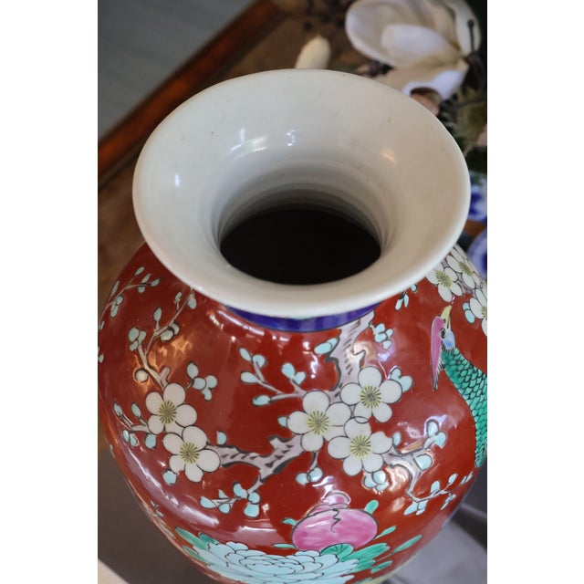Japanese Red-Ground Bird & Peony Ceramic Vase, 12ʺ For Sale - Image 13 of 18