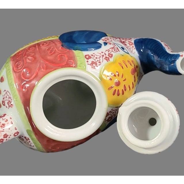 Vintage Hand Painted Colorful Floral Whimsical Lucky Elephant Teapot For Sale - Image 6 of 8