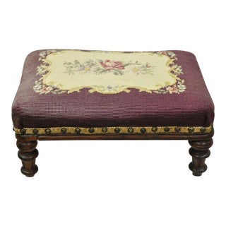 Victorian Empire Mahogany Needlepoint Footstool Ottoman For Sale