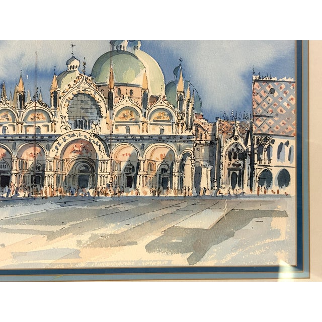 Mid 20th Century Signed and Framed Original Watercolor Painting of 'The Piazza at San Marco Square' For Sale - Image 5 of 18