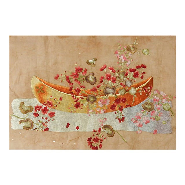 Late 19th Century Distressed Silk Embroidered Floral Still Life on Cotton For Sale