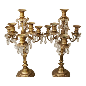 19thc Antique Grand Scale French Louis XVI Style Gilt Bronze W/ Cut Rock Crystal 7 Light Candelabras/ Girandoles a - Pair