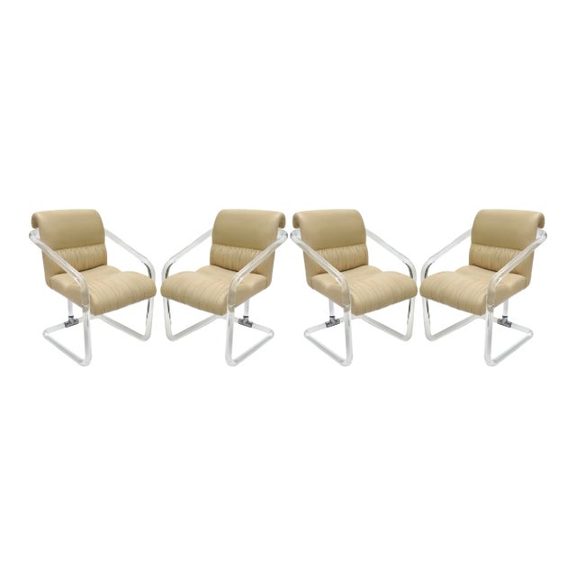 Vintage Signed Lion in Frost Lucite and Leather Upholstered Dining Chairs, Set of 4, 1970's For Sale
