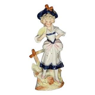 Antique German Bisque Figurine Spill Vase: Victorian Lady with Fan For Sale