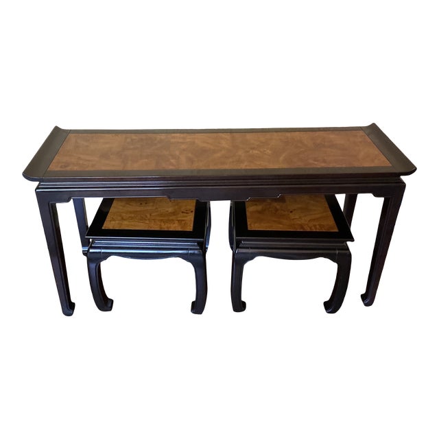 1990s Ethan Allen Dynasty Ming Console Table With Low Stools 3 Pieces