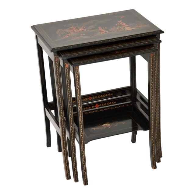 Antique Edwardian Lacquered Chinoiserie Nesting Tables, 1900, Set of 3 For Sale