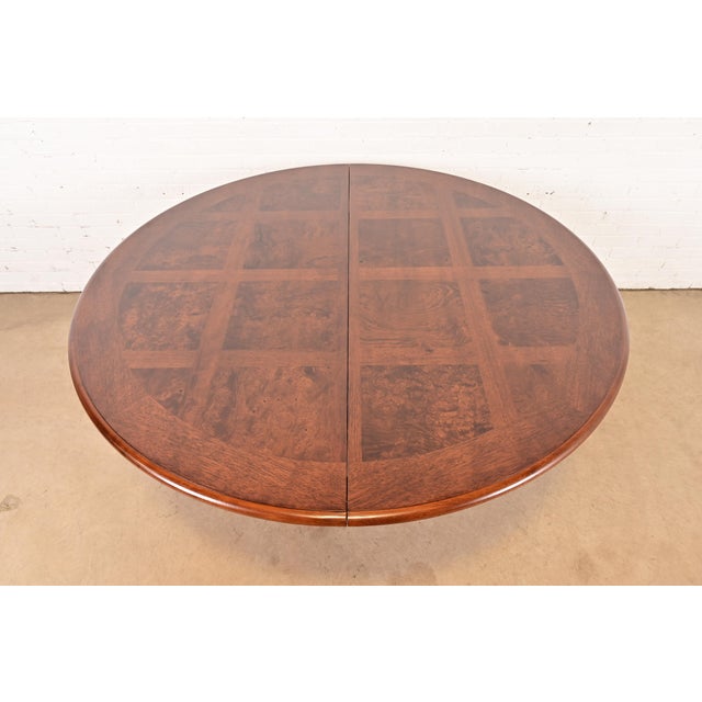 Henredon Italian Provincial Carved Walnut and Burl Wood Pedestal Extension Dining Table, Newly Refinished For Sale - Image 9 of 14