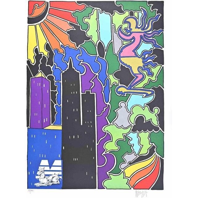 Contemporary Antonio Cremonese, Abstract Urban Landscape, 1980s, Lithograph For Sale - Image 3 of 3