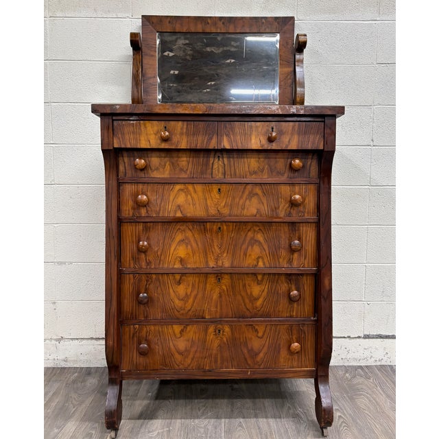 Mid 19th Century Antique American Empire Walnut Veneer Chest Bureau Dresser With Mirror For Sale - Image 5 of 12