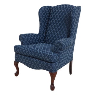 Broyhill Roll Arm Blue Upholstered Wing Chair For Sale