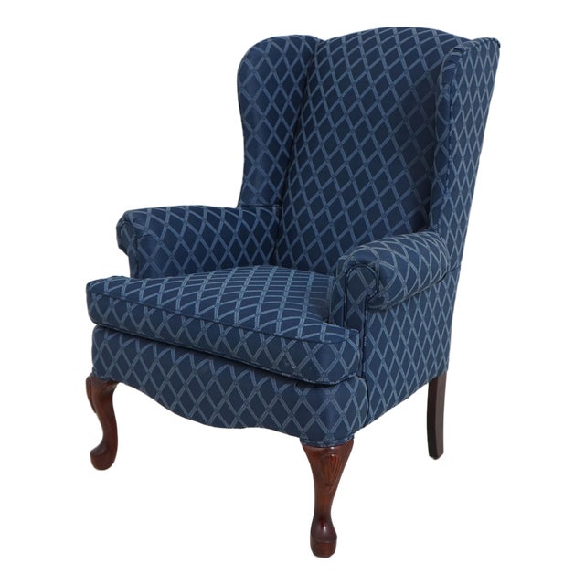 Broyhill Roll Arm Blue Upholstered Wing Chair For Sale