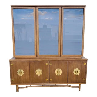 Vintage MidCentury Chinoiserie China Cabinet With Asian Style Brass Hardware, Wood & Glass Display Hutch For Sale