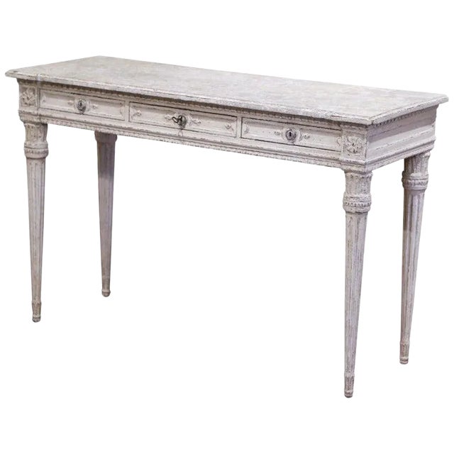19th Century French Louis XVI Carved Painted Table Console With Faux Marble Top For Sale