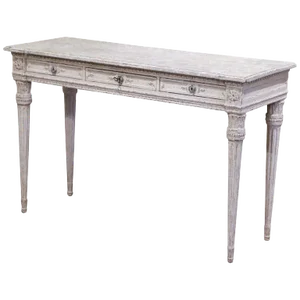 19th Century French Louis XVI Carved Painted Table Console With Faux Marble Top