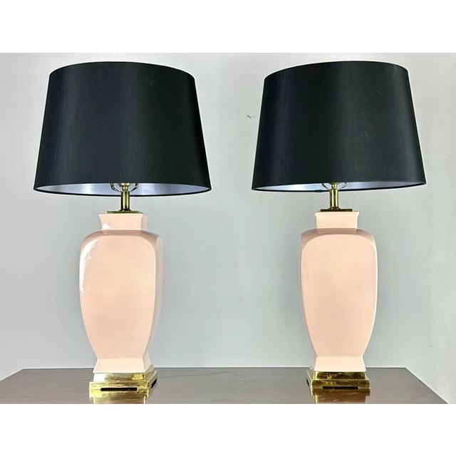 Vintage 1980’s Deco Moderne Ceramic and Brass Ginger Jar Urn Lamps in Light Coral by Sunset Lamp Corp For Sale - Image 13 of 13