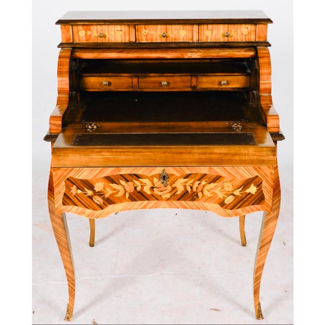Brown 1970s Striking Italian Inlaid Tambour Secretary Desk / Petite Marquetry Writing Desk With Automatic Roll Top For Sale - Image 8 of 9