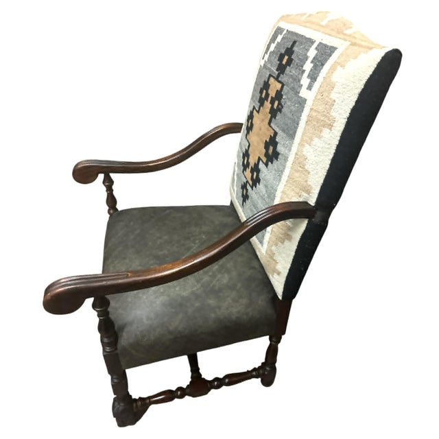 Mexican Antique 19th Century Hacienda Chair Reupholstered With Vintage Oaxaca Zapotec Tapestry and New Leather For Sale - Image 3 of 9