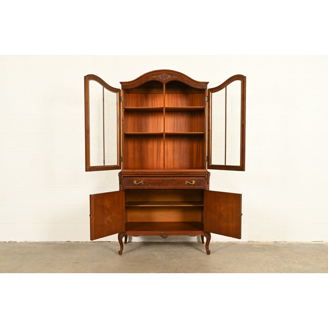 1930s Romweber French Provincial Louis XV Carved Walnut and Burl Wood Breakfront Bookcase Cabinet, Circa 1930s For Sale - Image 5 of 18