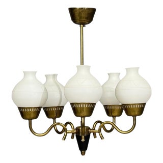 1950s Danish Modern, Pendant Light, Brass, Etched Glass For Sale