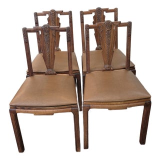 1930s French Art Deco Walnut Carved Asian Floral Motifs Set 4 Unusual For Sale