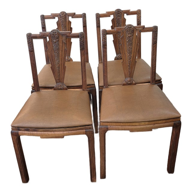 1930s French Art Deco Walnut Carved Asian Floral Motifs Set 4 Unusual For Sale