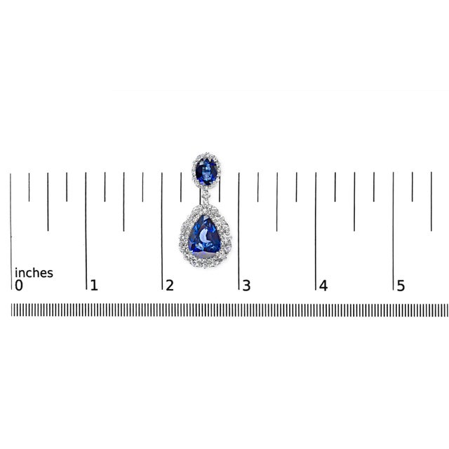 Early 21st Century 18K White Gold Blue Sapphire 2 3/4 Cttw Diamond Halo Drop Dangle Earring (G-H Color, SI1-SI2 Clarity For Sale - Image 5 of 5