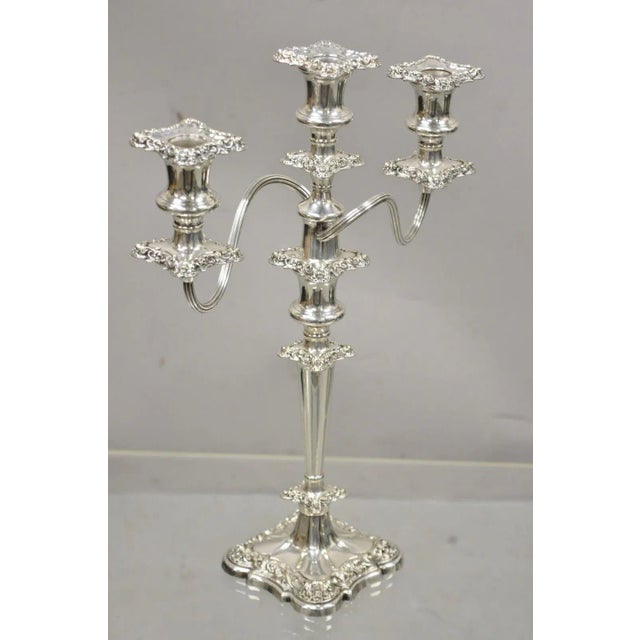 Antique Gorham Floral Repousse Victorian Twin Arm Silver Plated Candlestick Candelabra. Item features 2 scrolling arms,...