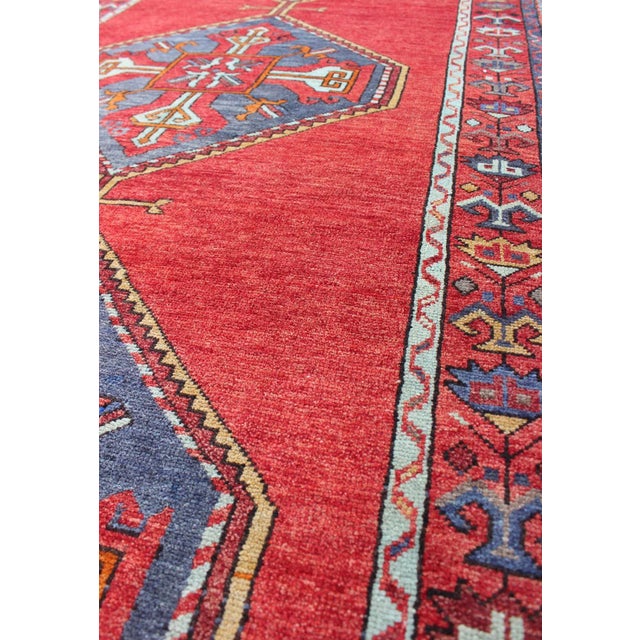 1940s Colorful Turkish Wide Runner in Rich Red and Steel Blue 3'10 X 12'7 For Sale - Image 5 of 7
