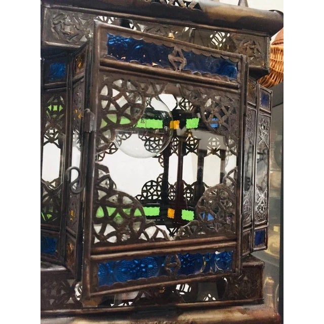 Moroccan Hall Lantern Light Fixture With Multi-Color Glass Moorish Style For Sale - Image 11 of 13