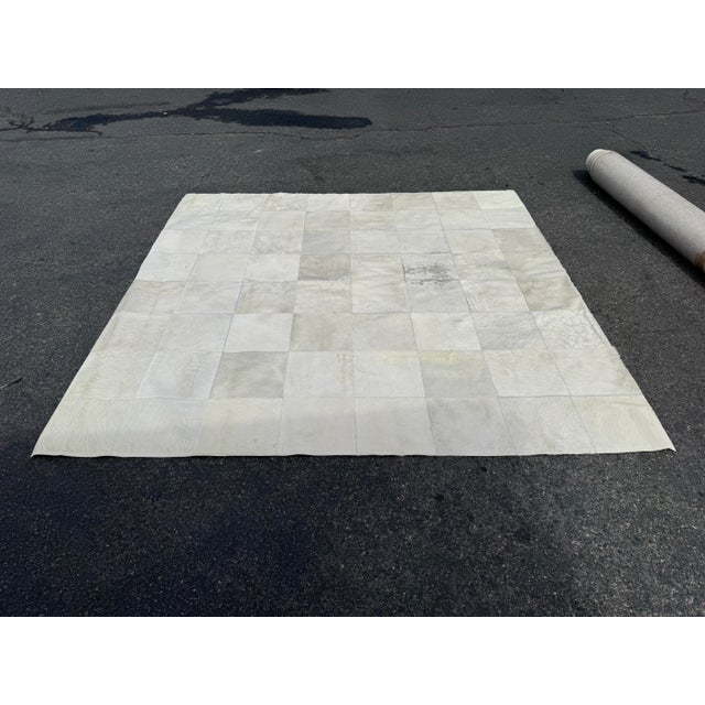 2010s 8ft Square Silver Gray Patchwork Hair on Hide Area Rug For Sale - Image 5 of 12