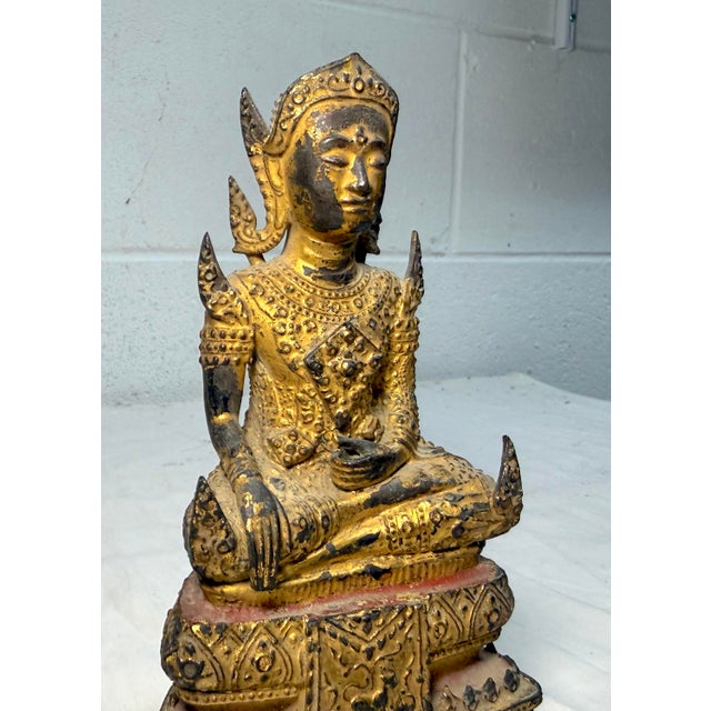 Ntique Early 1800s Gold Gilded Bronze Thai Rattanakosin Buddha Statue Sculpture For Sale - Image 9 of 18