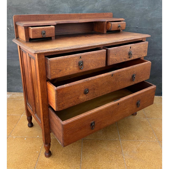 English Country Oak Chest of Drawers with Raised Back and Small Drawers, 1930s For Sale - Image 4 of 8