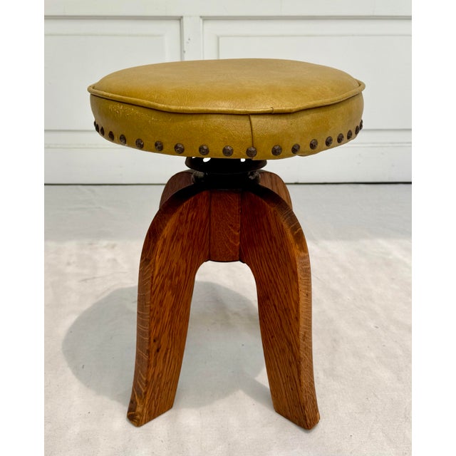Arts and Crafts Mustard Yellow Nailhead Swivel Solid Wood Stool For Sale - Image 4 of 12